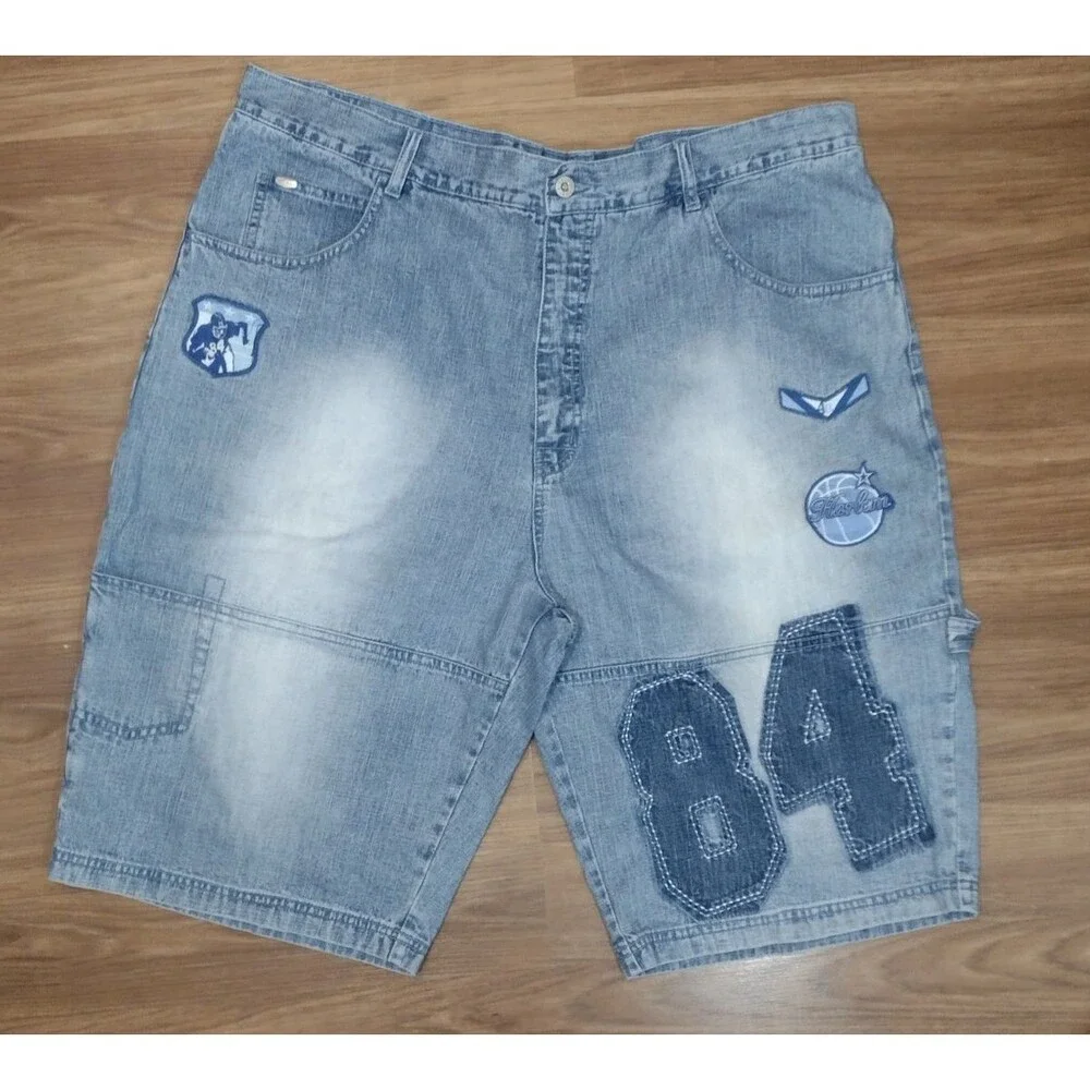 Vintage Mens Shorts Baggy Carpenter Jean 42 Shorts Blue Distressed Y2K Spellout